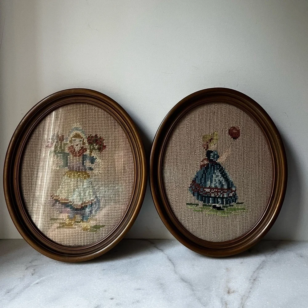 Vintage needle point Wall Art Set of 2 Victorian ladies with flowers